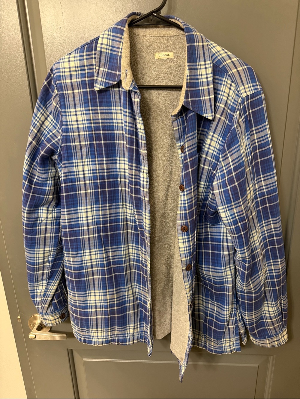 L.L.Bean Men’s Large Blue Plaid Fleece-Lined Flannel Shirt Jacket Shacket